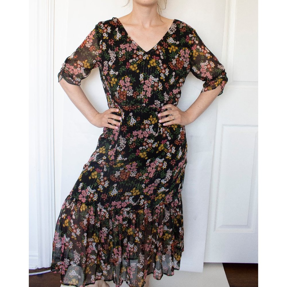 Ann Taylor Factory Black Floral V-neck Flowy Dress